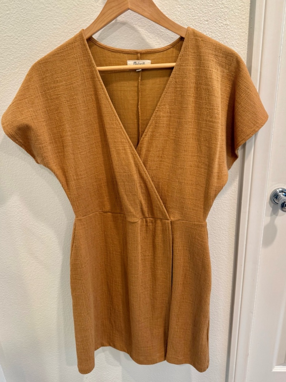 Mustard yellow short sleeve faux wrap dress, size large.